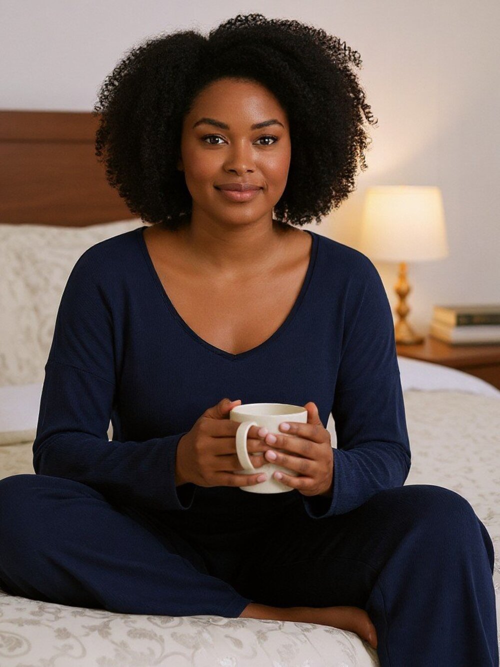 Victoria's Secret Navy Ribbed Long-Sleeve Pajama Top & Wide-Leg Pants